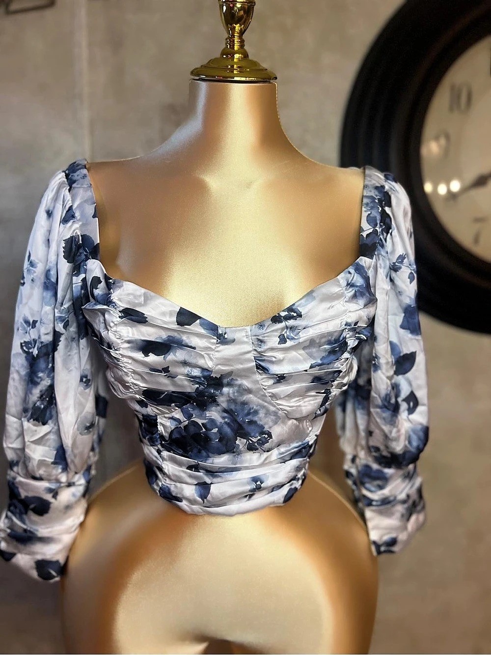Blue Floral Ruched Tie-Back Top
